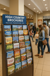 Visitors picking up brochures at a resort
