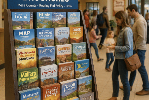 Visitors picking up brochures at a resort