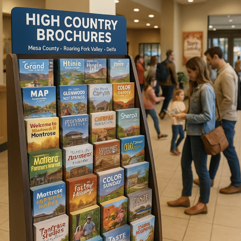 Visitors picking up brochures at a resort